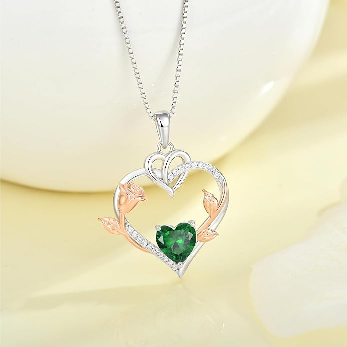 Rose Heart Necklaces for Women - 925 Sterling Silver Gold Rose Birthstone Pendant Jewelry for Girlfriend Daughter - Anniversary Birthday Christmas Valentines Day Mother’s Day Jewelry Gifts for Women Wife Her Girls Mom