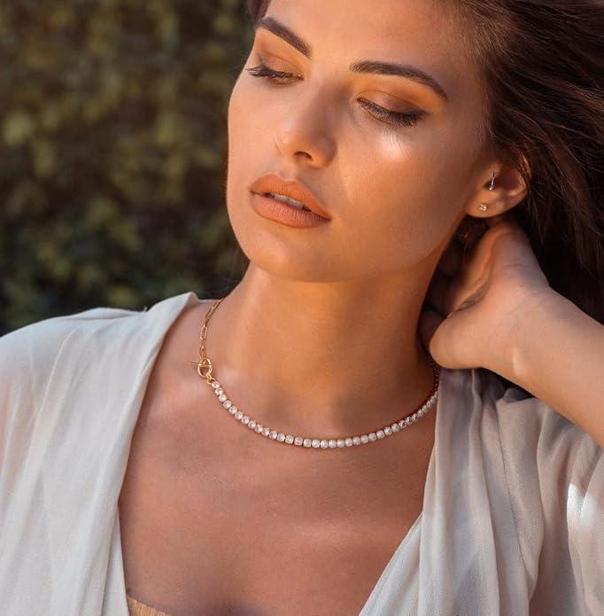 Natural Freshwater Baroque Pearl Necklace 14K Gold Plated Dainty Choker Necklace for Women Girls Snake Chain/Cuban Link/Paperclip/Ball Beaded Chain/Tennis Chain Fashion Jewelry for Gift