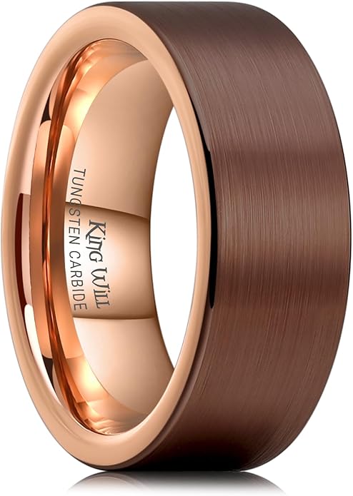 King Will Basic Gold/Rose Gold/Brown Plated Tungsten Wedding Band for Men/Women, 2mm/4mm/6mm/8mm/10mm/12mm Width Band Rings, Pipe Cut Matte Brushed Finish Cigar Band Ring Comfort Fit