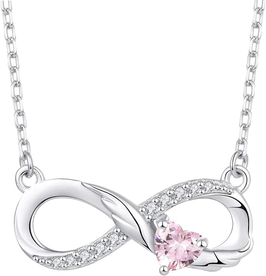 STARCHENIE Infinity Necklace 925 Sterling Silver Angel Wings Heart Birthstone Necklace for Women