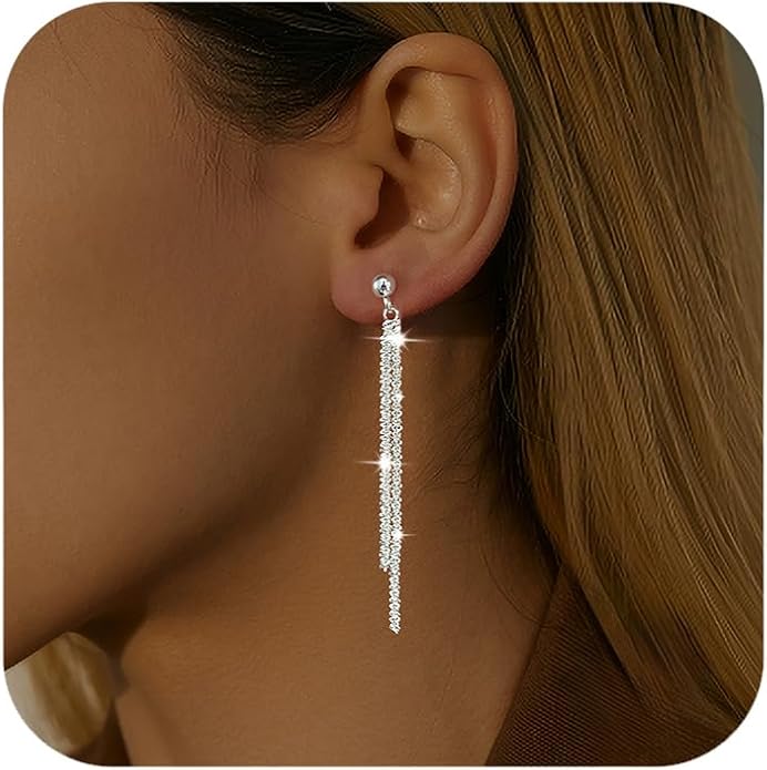 925 Sterling Silver Tassel Chain Dangle Earrings for Women Sparkling Long Fringe Dangle Drop Earrings Bling Line Minimalist Wedding Studs Earring Jewelry Birthday Christmas Gifts for Her