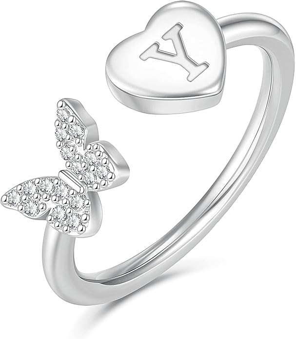 Initial Ring for Women Teens, Gold Plated Butterfly Heart Letter K Open Adjustable Ring, Dainty Alphabet Ring Jewelry Gift for Birthday