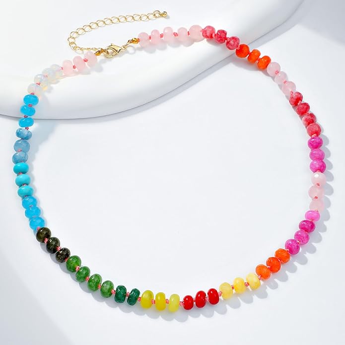 LALAPPLE Colorful Beaded Gemstone Necklace for Women, Boho Rainbow Bead Choker with Natural Stone Crystal Beads, Handmade Summer Beach Necklace Jewelry