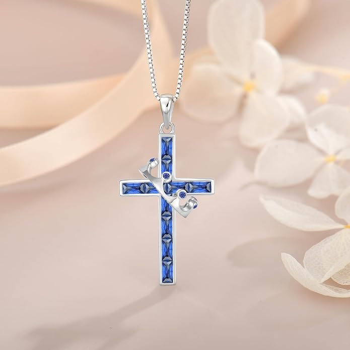 Gemstone Crown Cross Necklaces for Women, 925 Sterling Silver Rectangular cut Zircon Pendant With Rotated Crown Faith Cross Jewelry Gift