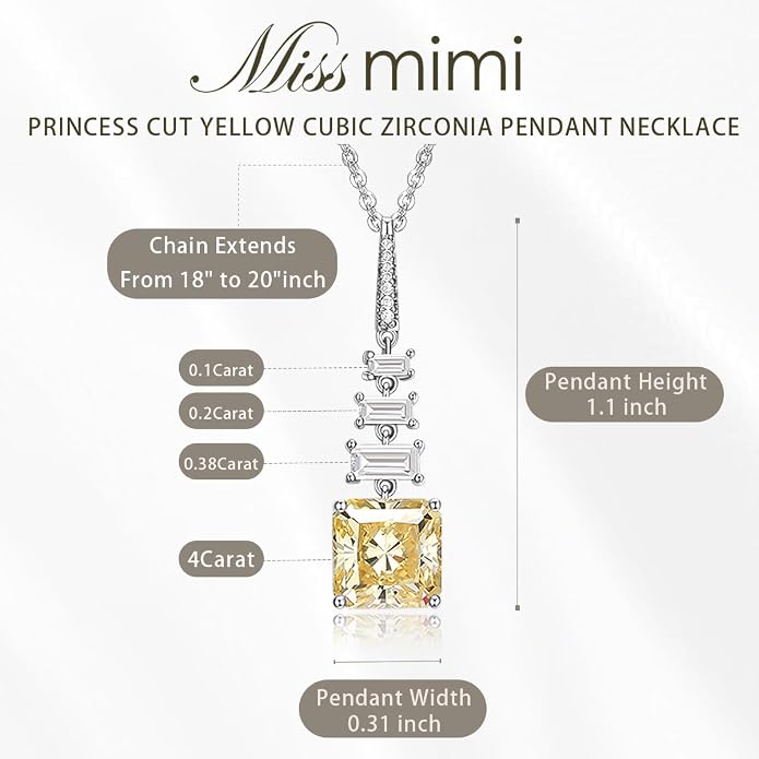 Miss mimi CZ Pendant Necklace, Golden Yellow Princess Cut or Crescent Moon, 18K Gold Plated, Adjustable 16” or 18 + 2”in Chain, Celestial & November Birthstone Citrine Style