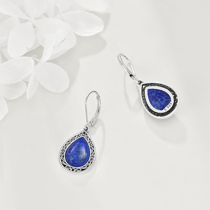 Moonstone/Lapis Lazuli/Peridot/Amethyst/Pink Teardrop Earrings for Women Sterling Silver Filigree Dangle Earrings Leverback Earrings Jewelry Gifts for Women