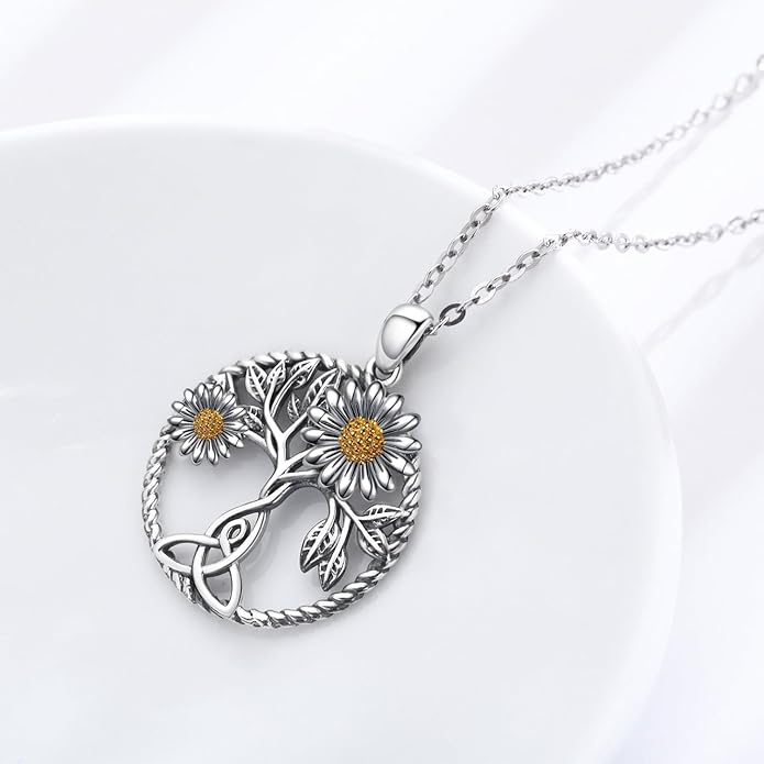 CHENGHONG Sunflower Necklace 925 Sterling Silver Tree of Life Necklace Daisy/Rose/Sunflower Pendant Necklace Sunflower Jewelry Gifts for Women Mom