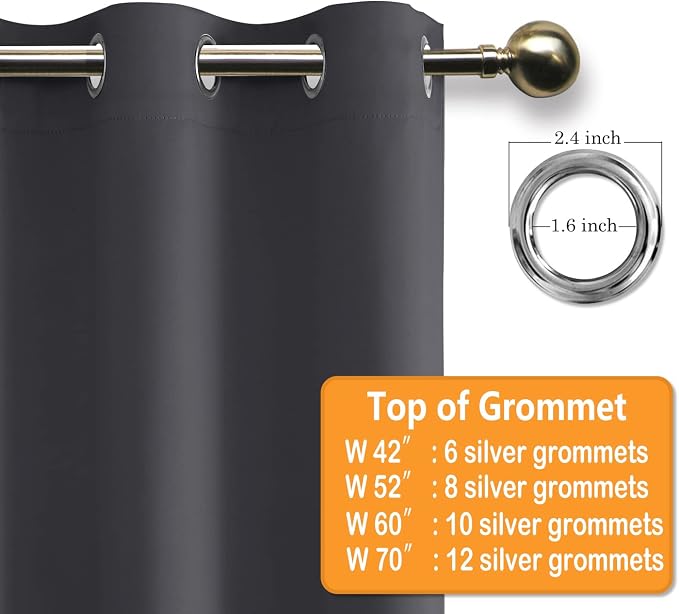 Hiasan Grommet Blackout Curtains for Bedroom, 70 x 63 Inches - Thermal Insulated & Light Blocking Window Drapes for Living Room/Dorm Room, Set of 2 Panels Sewn with Tiebacks, Dark Grey