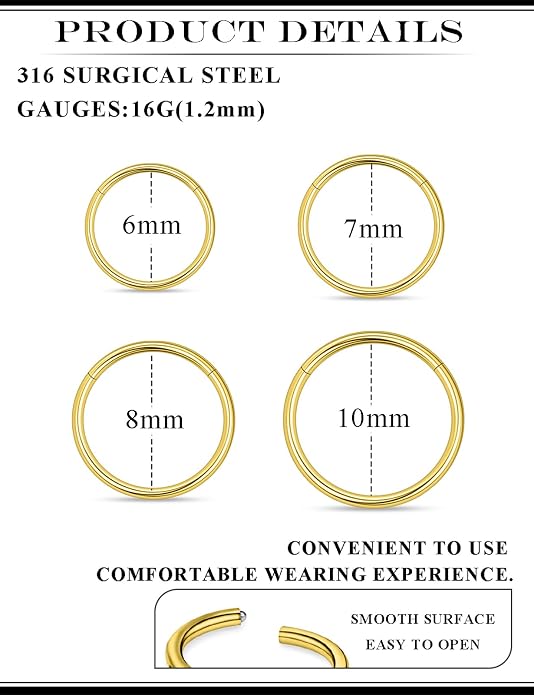 20G 18G 16G 14G 12G 10G 8G 6G Nose Rings Hoops 316l Surgical Steel Clicker Septum Lip Ring Tragus Helix Daith Rook Conch Snug Cartilage Lobe Earrings Hoop Piercing Jewelry For Women Men