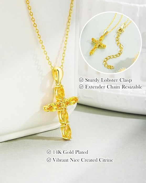 14K Gold Plated 925 Sterling Silver Birthstone Cross Necklace for Women Men