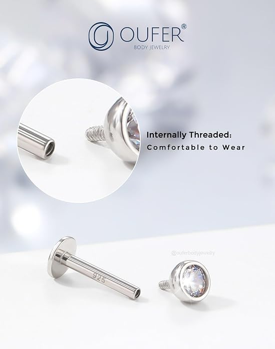 OUFER 925 Sterling Silver Helix Earrings Studs, 16G Flat Back Earrings, Silver Internally Threaded Cartilage Earrings Stud, Clear CZ Lip Rings, Ear Piercing Jewelry for Women Men