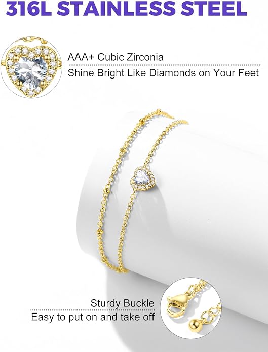 Richsteel Double Layer Heart/Butterfly Birthstone Anklet for Women Non Tarnish Waterproof, Silver/Gold/Black Stainless Steel 8.5-10.5 Inch Adjustable Chain Anklets Jewelry Gifts for Her