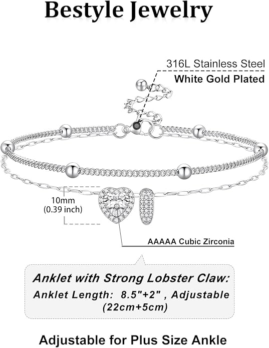 Bestyle Initial Anklet Bracelets for Women Waterproof Non Tarnish 14K Gold/White Gold Plated CZ Anklets for Women Dainty Layered Letter Heart Ankle Bracelets Adjustable Foot Chain Anklet