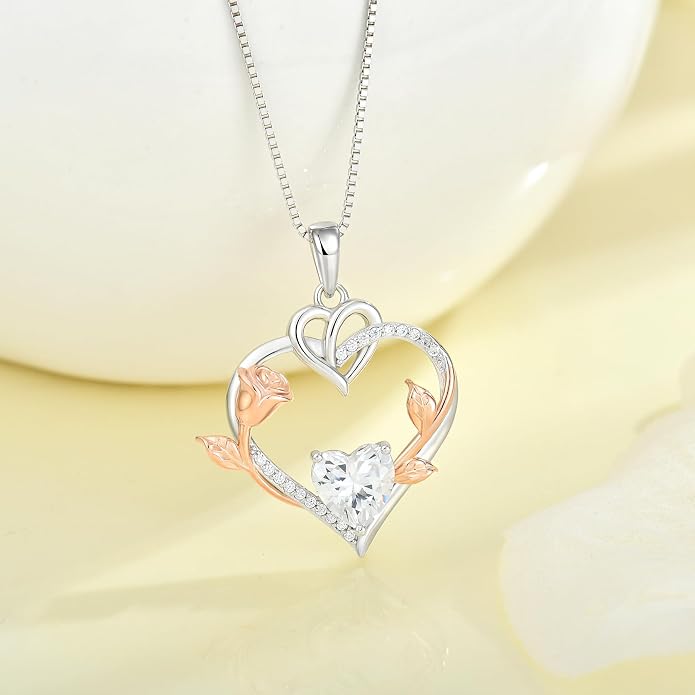 Rose Heart Necklaces for Women - 925 Sterling Silver Gold Rose Birthstone Pendant Jewelry for Girlfriend Daughter - Anniversary Birthday Christmas Valentines Day Mother’s Day Jewelry Gifts for Women Wife Her Girls Mom