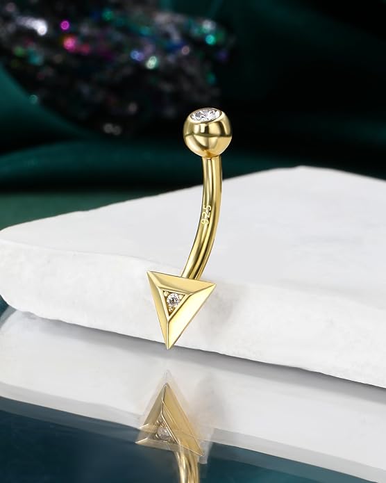 COCHARM 14K Gold Plated925 Sterling Silver Belly Button Ring Gold Filled Triangle Belly Navel Ring Cute 14g Unique Belly Piercing Jewelry For Women Men Mini Belly Bar Nickel Free