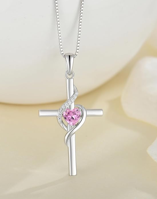 Cross Necklace 925 Sterling Silver Infinity Pendant Heart Birthstone Anniversary Jewelry for Women