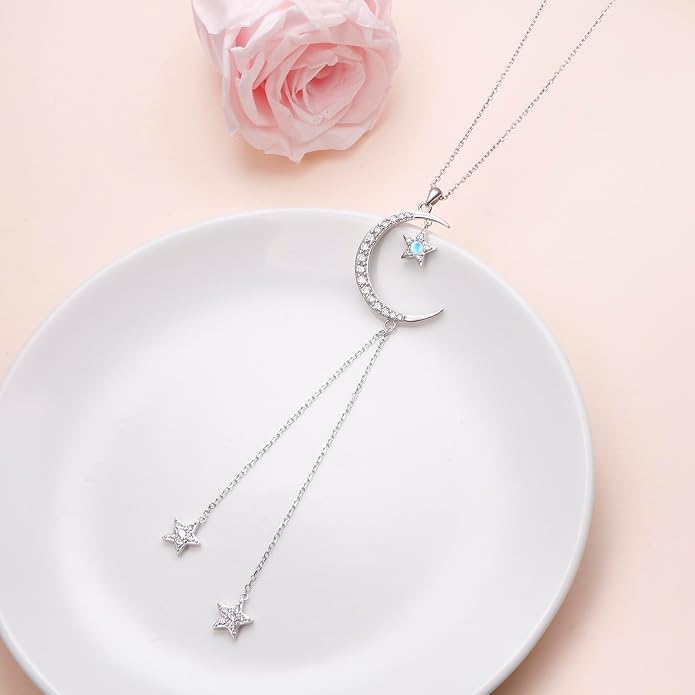 Ladytree 925 Sterling Silver Crescent Moon and Star Necklace with Created Moonstone Long Y Necklace Elegant Jewelry Gift for Women