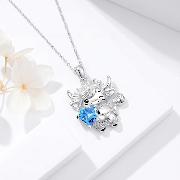 PELOVNY Teddy Bear Necklace for Women 925 Sterling Silver Bear/Highland Cow/Fox/Cat/Axolotl Birthstone Necklace Christmas Birthday Jewelry Gifts for Mom Daughter Wife Sister