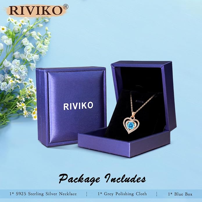 RIVIKO Heart Birthstone Pendant Necklace for Women 925 Sterling Silver Zirconia Necklaces Valentine's Day Anniversary Birthday Mothers Day Jewelry Gifts For Her Mother Wife