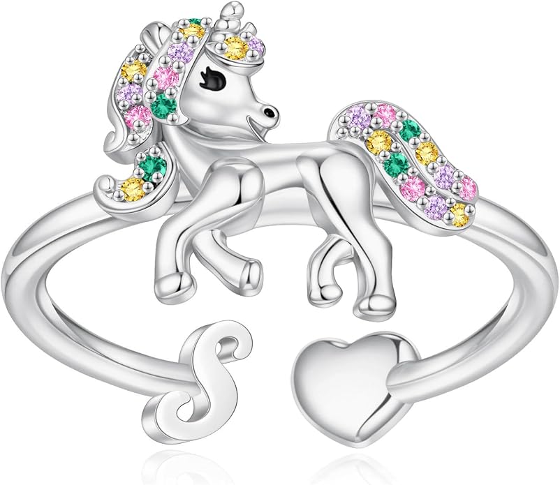 Unicorn Initial Rings for Teen Girls, Rose Gold/White Gold Plated Heart Initial Rings for Girls Adjustable Stackable Rings for Women Diny Heart Ring for Teen Girls Gifts Unicorns Gifts for Girls