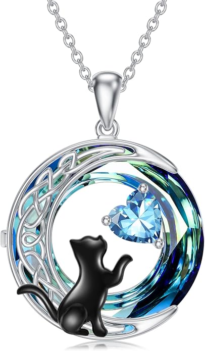 TOUPOP Cat Gifts for Cats Lovers 925 Sterling Silver Black Cat Necklace Celtic Moon Birthstone Jewelry for Women Anniversary Birthday Gift for Her Wife Mom