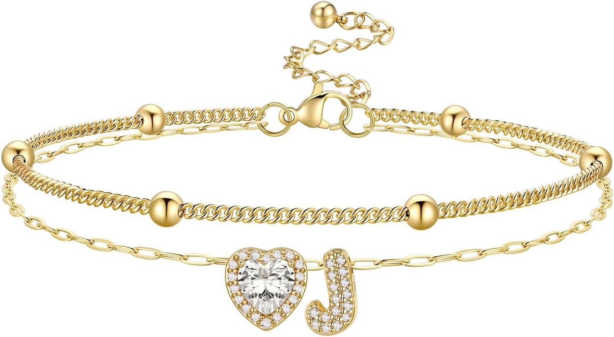 Bestyle Initial Anklet Bracelets for Women Waterproof Non Tarnish 14K Gold/White Gold Plated CZ Anklets for Women Dainty Layered Letter Heart Ankle Bracelets Adjustable Foot Chain Anklet