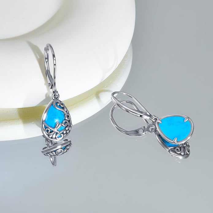 Real 925 Sterling Silver Trendy Dangle Earrings for Women | White Gold Plated | Hypoallergenic Turquoise/Black Onyx/Opal Filigree Jewelry Lightweight Celtic Lover Knot Leverback Earrings Gifts