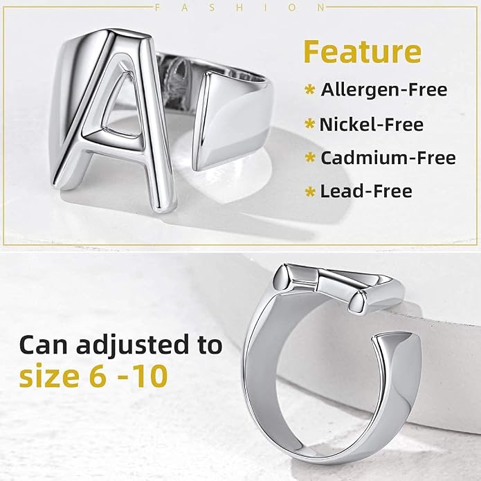 KeyStyle Bold Initial Letter Rings Adjustable, GoldChic Jewelry Women Gold Statement Ring Personalized Engraved Women’s Open Signet Ring for Party (Gold, White Gold, Black)