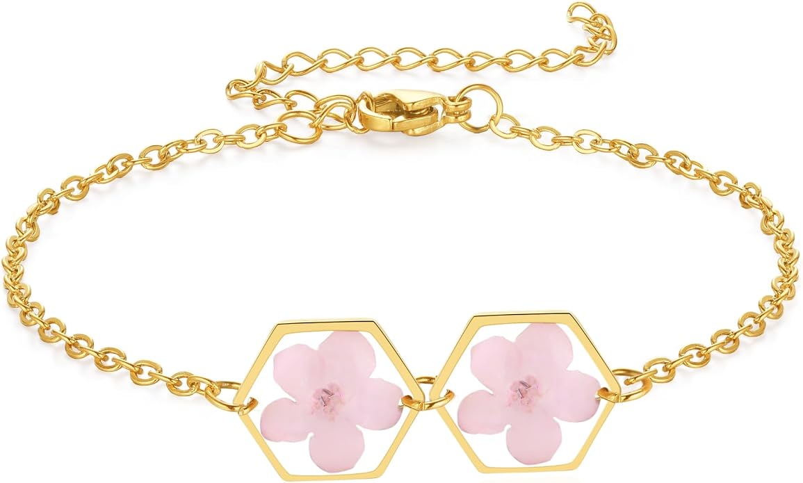 AUNTESIGN Forget-Me-Not Pressed Wildflower Bracelet | Pressed Flower Bracelet | Gold/Silver Pressed Flower Jewelry | Personalized Handmade Jewelry | Gift For Women