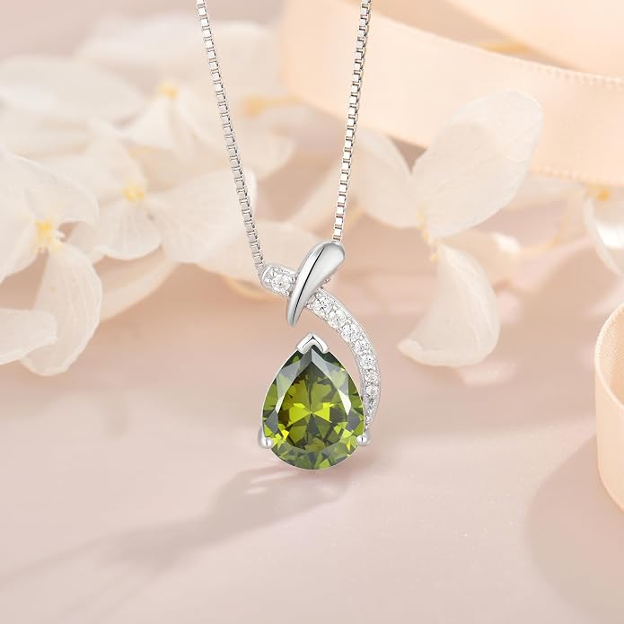 Teardrop Birthstone Necklace for Women,925 Sterling Silver Pear Cut Zircon Gemstone Pendant Necklace for Birthday Engagement Anniversary Wedding Jewelry