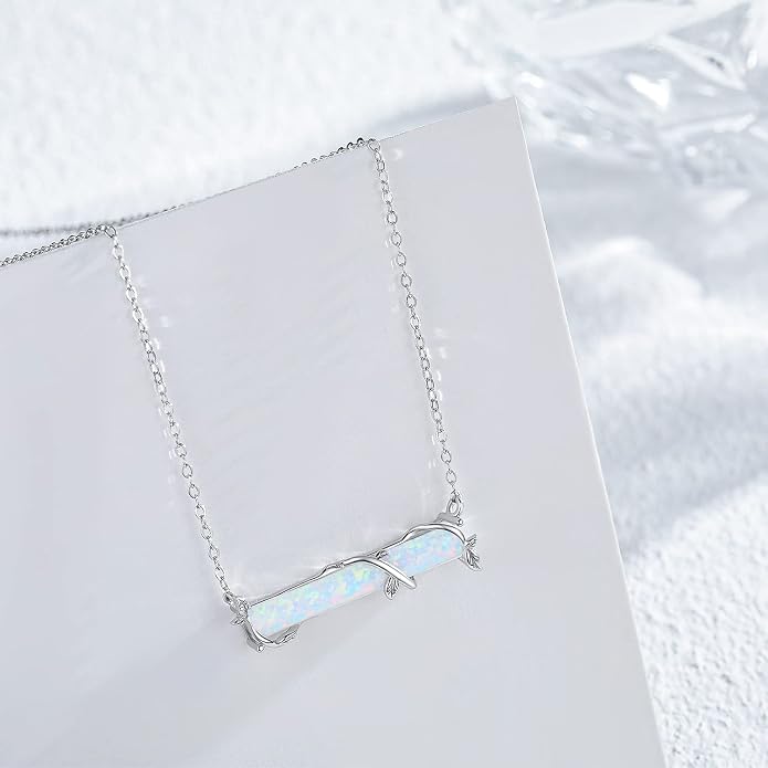 Bar Opal Leaf Necklace For Women S925 Sterling Silver White Opal Pendant with Leaf Charm Bar Pendant Jewelry Gift For Mom Daughter Wife