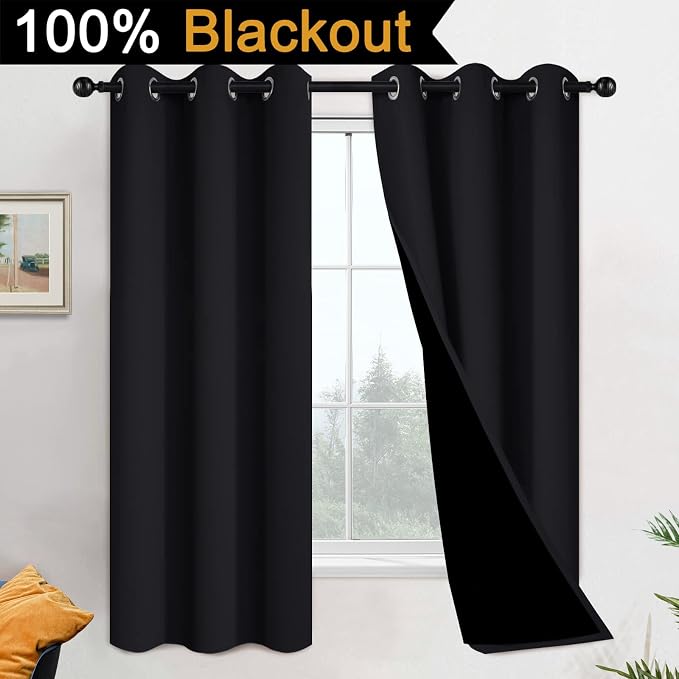 Yakamok 100% Blackout Lined Pair Curtains for Bedroom, Window Treatment Thermal Insulated Noise Blocking Drapes for Living Room(42Wx63L,Black, 2 Panels) | Blackout Curtain Panels for Bedroom, 2 Thick Layers Grommet Top Thermal Insulated Drapes with Bla...