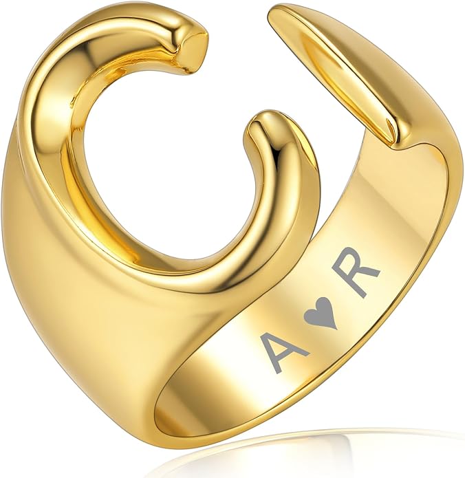 KeyStyle Bold Initial Letter Rings Adjustable, GoldChic Jewelry Women Gold Statement Ring Personalized Engraved Women’s Open Signet Ring for Party (Gold, White Gold, Black)