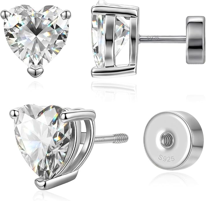 Heart Birthstone Flat Back Stud Earrings, 925 Sterling Silver 18K White Gold Plated, Poke-Free Comfortable Sleep Hypoallergenic Personalized Ear Piercing Jewelry, Mother's Day Birthday Gifts for Women