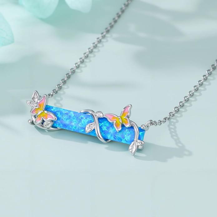 Bar Opal Leaf Necklace For Women S925 Sterling Silver White Opal Pendant with Leaf Charm Bar Pendant Jewelry Gift For Mom Daughter Wife