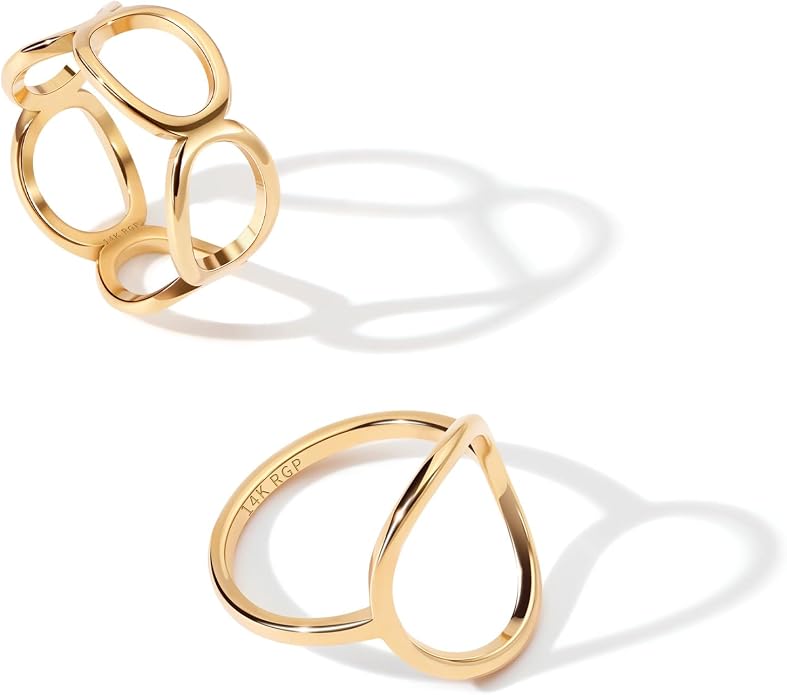 2PCS Circle Statement Ring Set for Women 14K Gold Plated Simple Link Chain Knuckle Stacking Bands（Gold and Silver, Size 5 to 10）