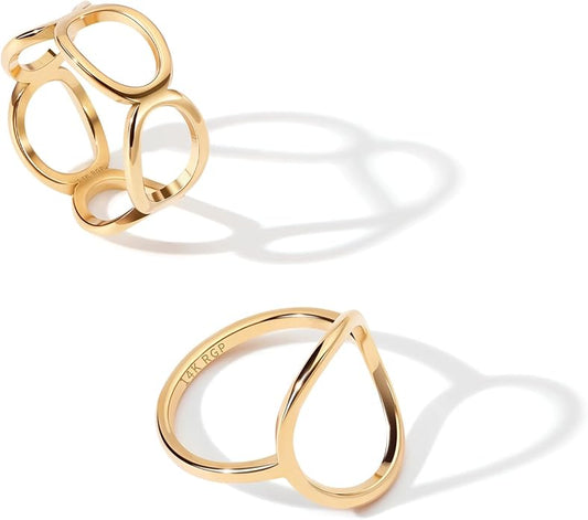 2PCS Circle Statement Ring Set for Women 14K Gold Plated Simple Link Chain Knuckle Stacking Bands（Gold and Silver, Size 5 to 10）