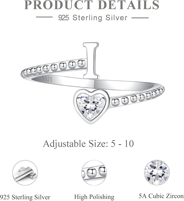 Step Forward 925 Sterling Silver Adjustable Initial Ring for Women | Non Tarnish Letter Rings for Lady | Alphabet Heart Thumb Rings | Capital Letter Jewelry Gifts