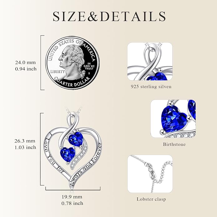 Hancock Forever Love Heart Birthstone Necklaces for Women 925 Sterling Silver Women Pendant Necklace, Mother’s Day Birthday Anniversary Jewelry Gift for Woman Mother Mom Wife Her