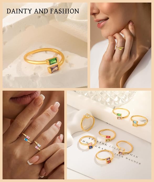 Honsny Gold Birthstone Rings for Women Non Tarnish 14K Gold Plated Adjustable Emerald Ring Cubic Zirconia Gemstone Promise Ring for Her Engagement Personalized Waterproof Jewelry Gifts for Birthday