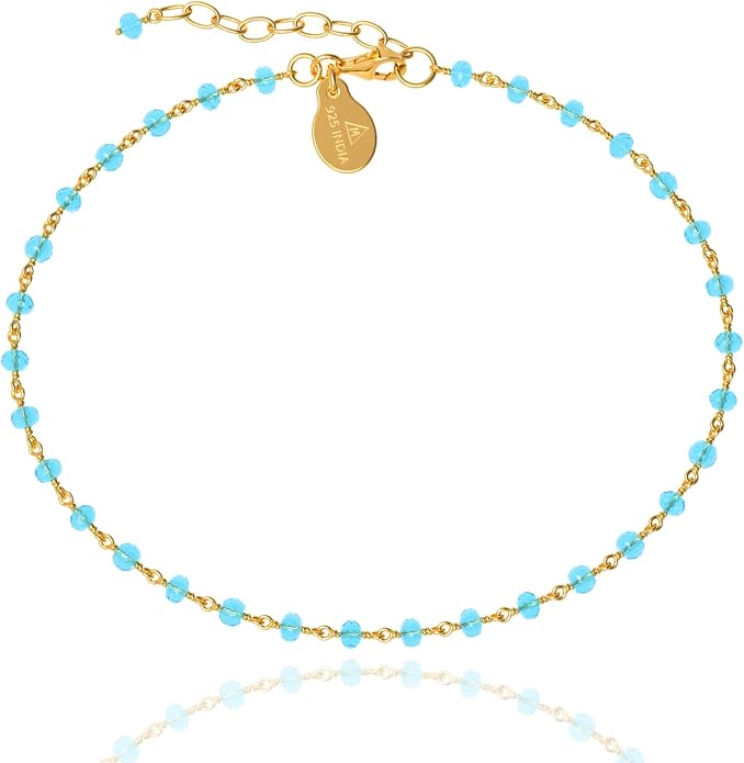 Dainty Gemstone Anklet for Women – 10 Inch Adjustable Anklet with 1 Inch Extender, Gold or Silver Plated Foot Jewelry, Minimalist Boho Style Gift
