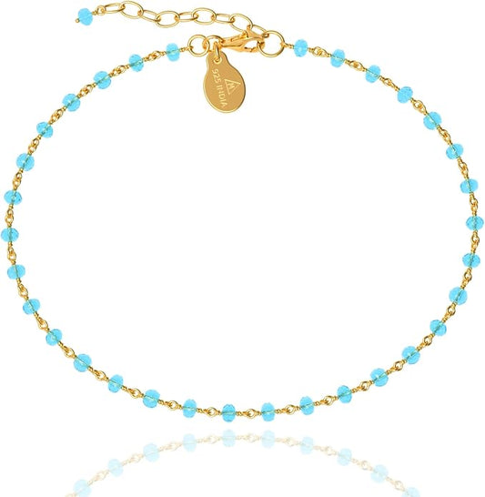 Dainty Gemstone Anklet for Women – 10 Inch Adjustable Anklet with 1 Inch Extender, Gold or Silver Plated Foot Jewelry, Minimalist Boho Style Gift
