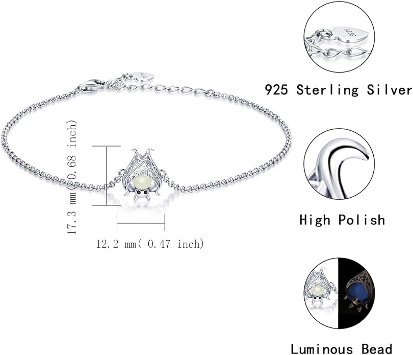 Cute Bat Bracelet Sterling Silver Glowing in The Dark Animal Bracelet Little Witchy Vampire Halloween Jewelry Gift for Women