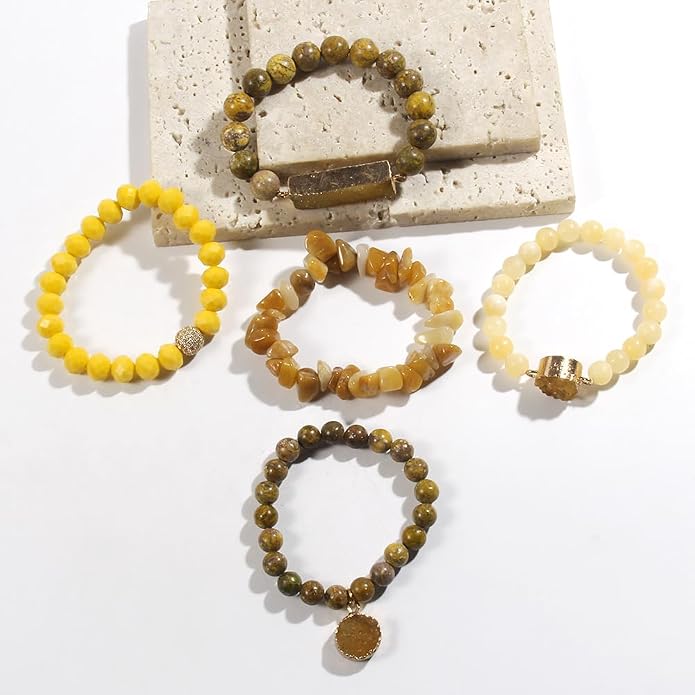 Yomisa 5PCS 6PCS Natural Boho Beaded Bracelets/Bangle for Women Men,Healing Turquoise Jasper Agate Crystal Gemstone Stone Chakra Multilayer Wrap Bohemian Handmade Jewelry Beads Stretch Bracelet Set