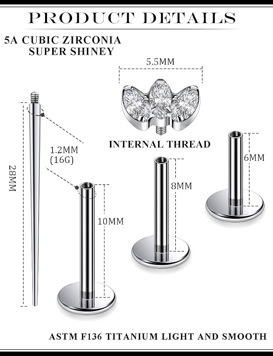 16G Astm F136 Titanium Internal Thread Flat Back Earrings Nose Studs Tragus Forward Helix Conch Cartilage Lobe Earrings Stud Medusa Labret Monroe Lip Ring Piercing Jewelry For Women Men