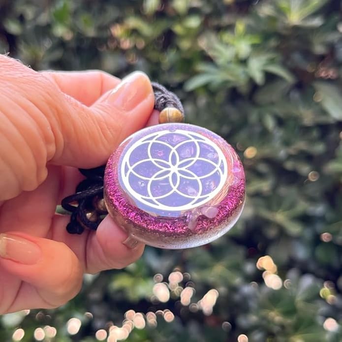 ARTE ORGONES & Design Orgone Necklace Seed of Life Healing Crystals Protection SBB Coil Copper Stone, Orgonite Pendant Amethyst Moonstone Rose Quartz, Yoga, Reiki, Handmade, Amulet