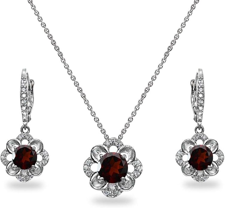 B. BRILLIANT Sterling Silver Genuine or Synthetic Gemstone 6mm Round-Cut Flower Dainty Slide Necklace & Leverback Earrings Set