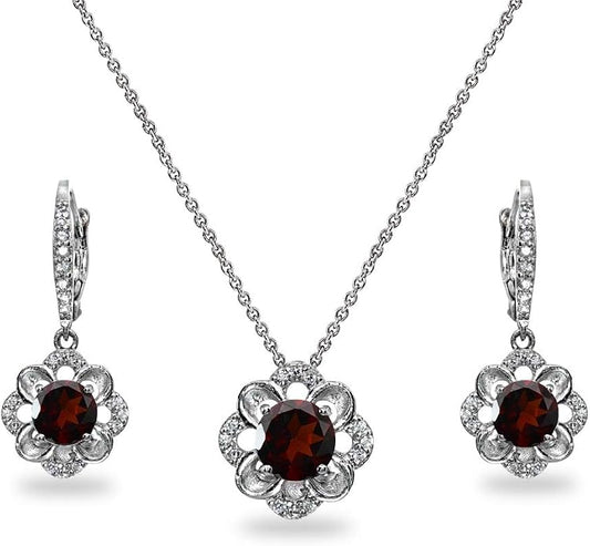 B. BRILLIANT Sterling Silver Genuine or Synthetic Gemstone 6mm Round-Cut Flower Dainty Slide Necklace & Leverback Earrings Set