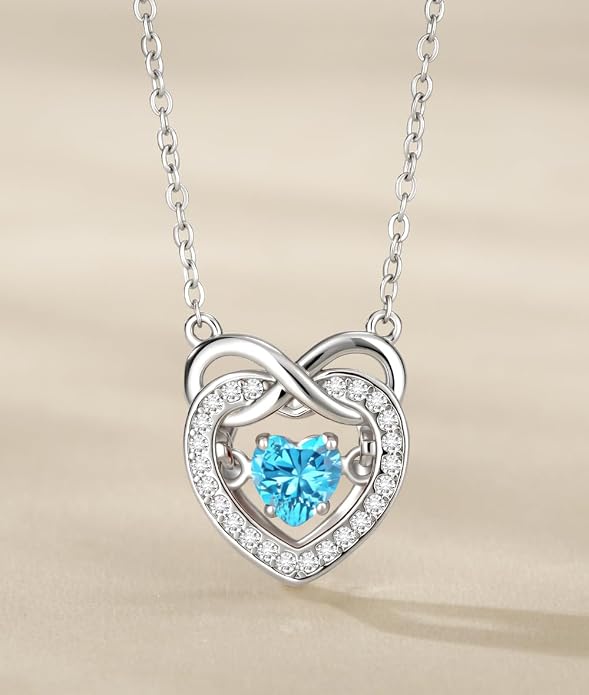 Trendy Dainty Infinity Birthstone Necklace, Dancing Heart 18K White Gold Plated 925 Sterling Silver Heart Necklace, Romantic Love Jewelry Graduation Gifts for Women Her