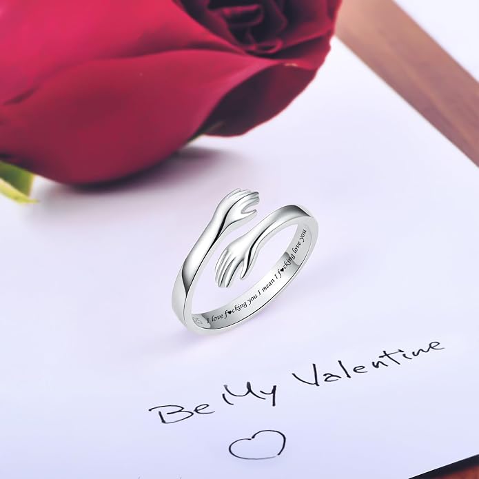 S925 Sterling Silver Hug Rings for Women Teen Girls Adjustable Ring for Granddaughter Daughter Hope Promise Friendship Hand Ring Jewelry for Birthday Graduation Christmas Mothers Day Valentines Gifts